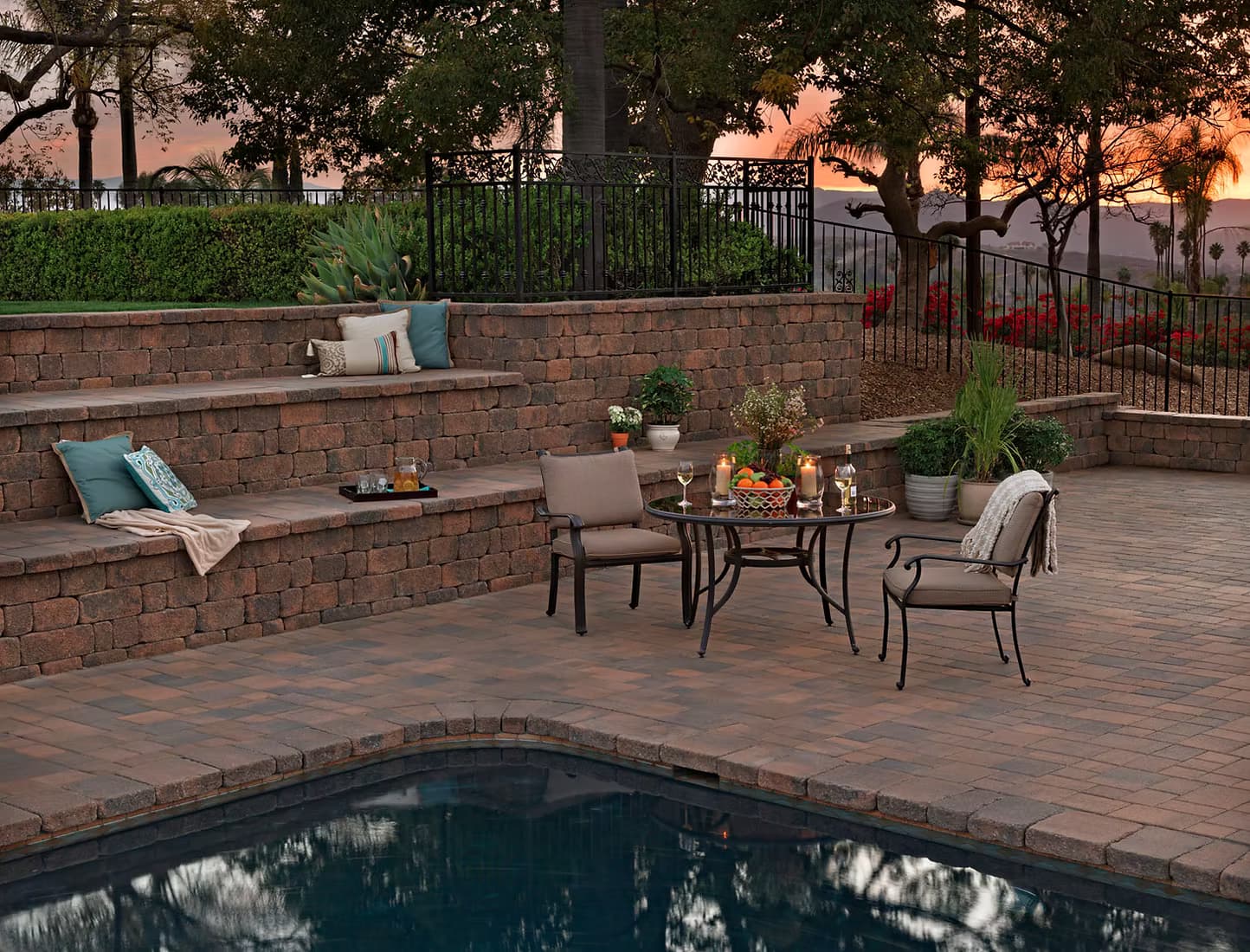 Finished patio and outdoor living area with retaining wall seating