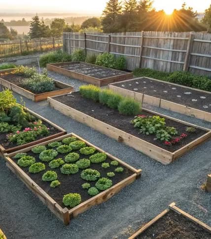 Productive landscape with structured garden beds and layered planting